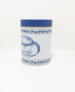 Collectable Blue & White Tin With Tea Cup & Flower Decoration