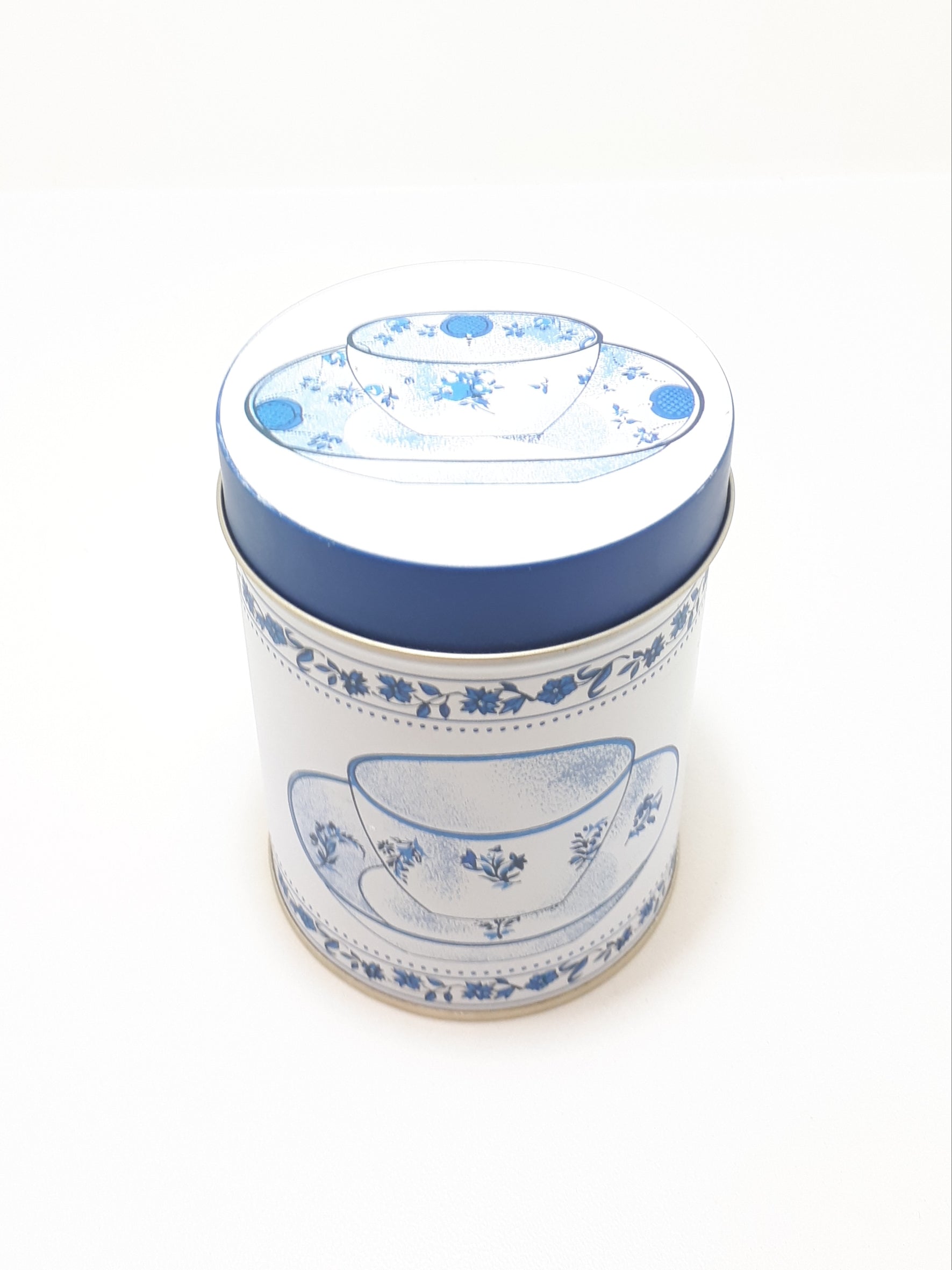 Collectable Blue & White Tin With Tea Cup & Flower Decoration