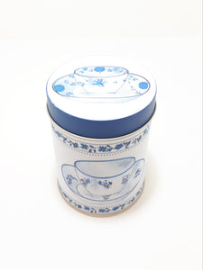 Collectable Blue & White Tin With Tea Cup & Flower Decoration