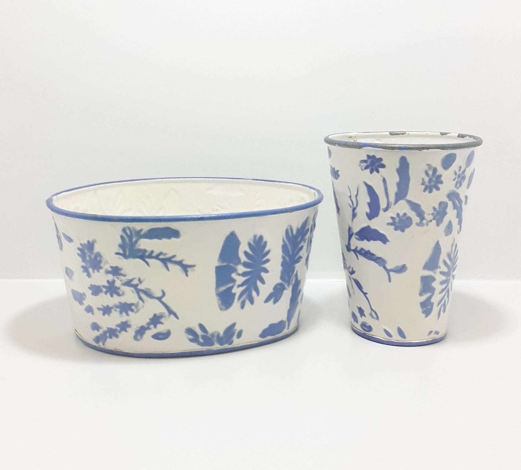 Vintage Blue & White Enamel-like Planter & Vase Set