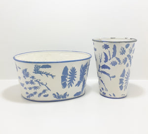 Vintage Blue & White Enamel-like Planter & Vase Set