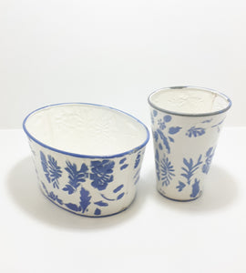 Vintage Blue & White Enamel-like Planter & Vase Set