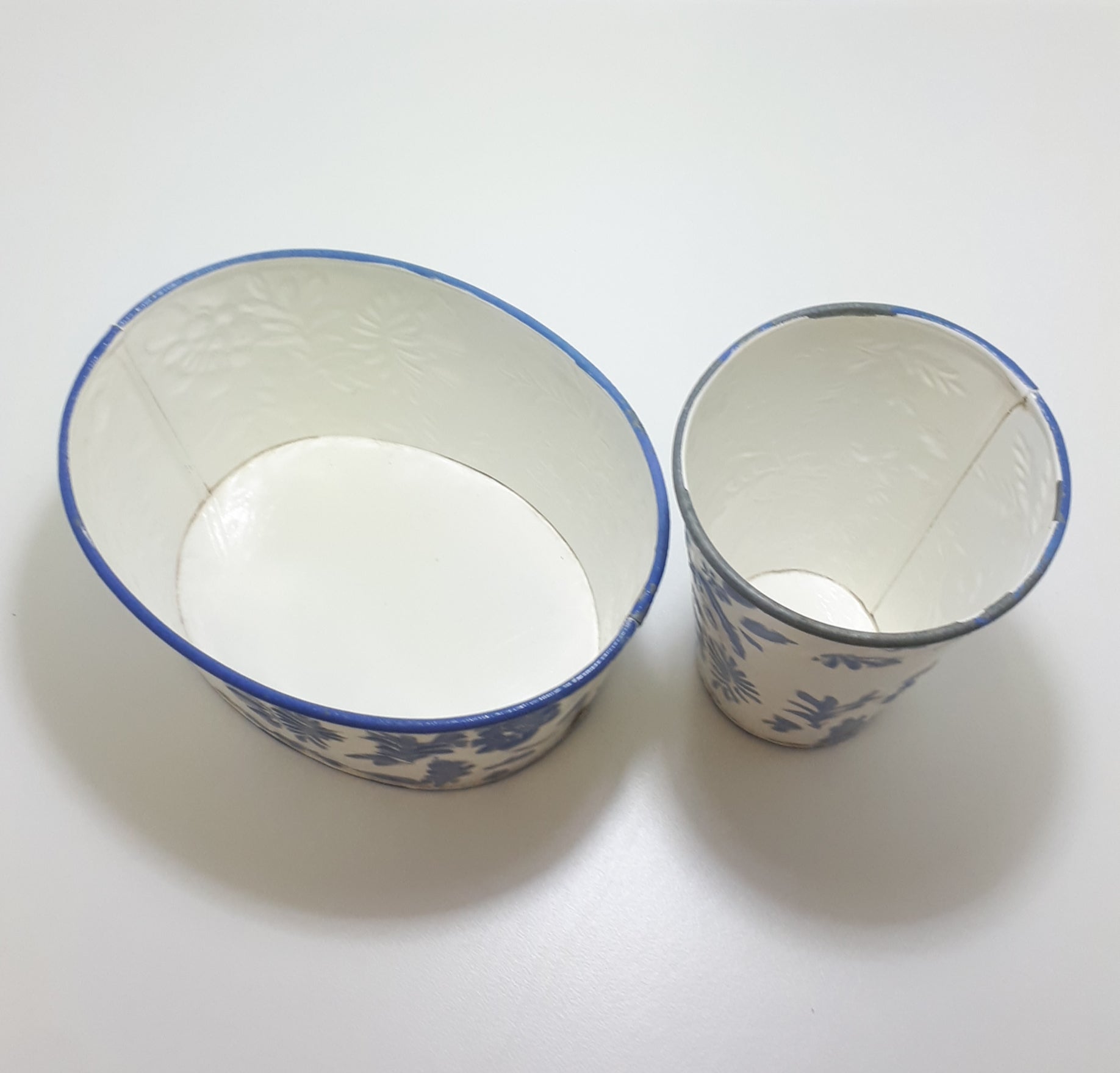 Vintage Blue & White Enamel-like Planter & Vase Set