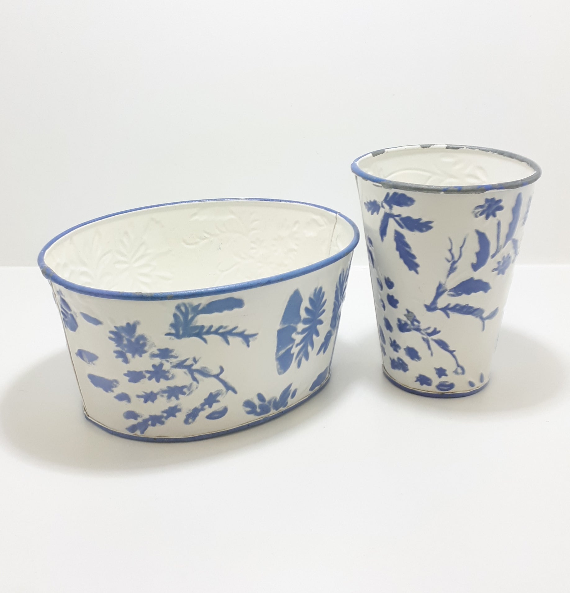 Vintage Blue & White Enamel-like Planter & Vase Set