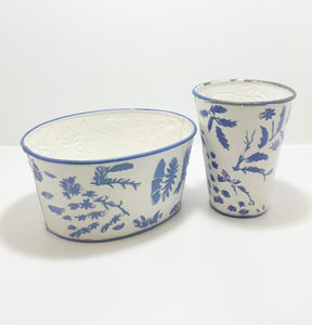 Vintage Blue & White Enamel-like Planter & Vase Set