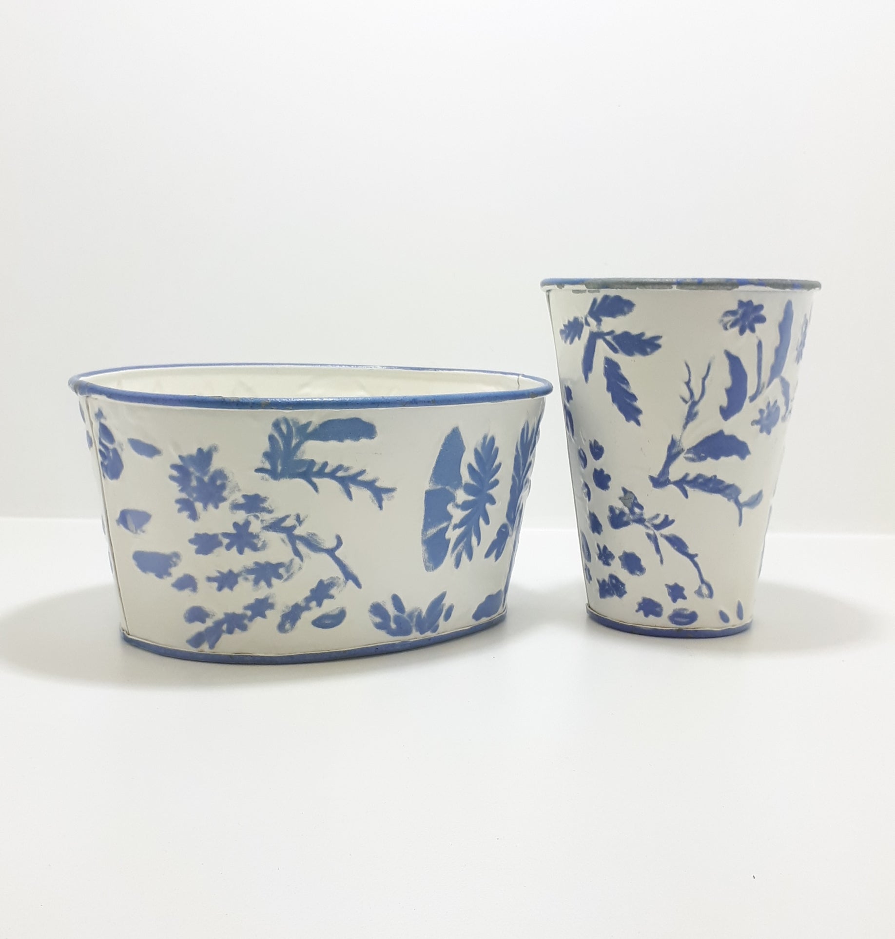 Vintage Blue & White Enamel-like Planter & Vase Set