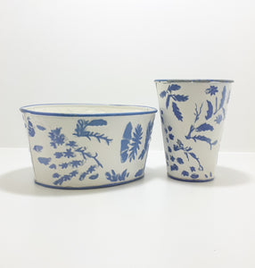 Vintage Blue & White Enamel-like Planter & Vase Set