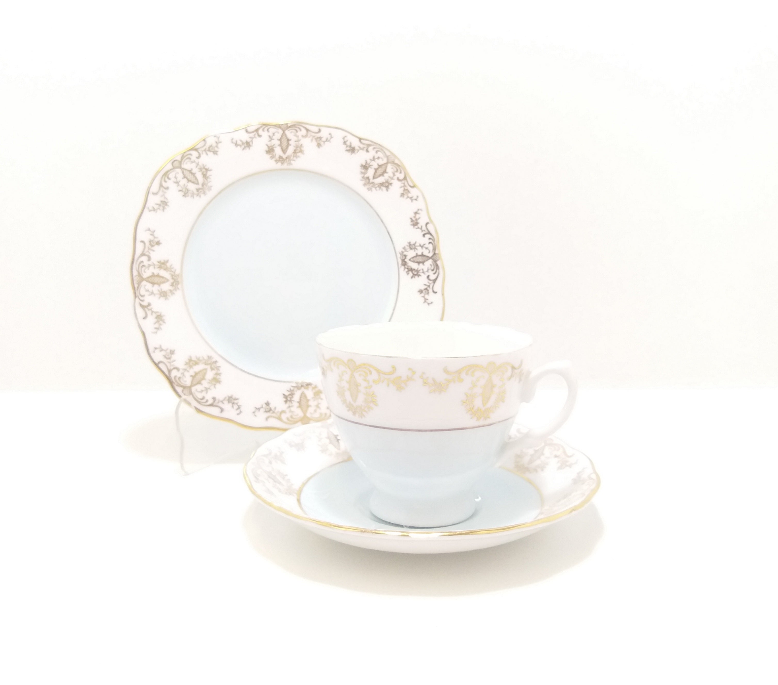 Vintage (1960’s) Pastel Blue, White & Gold Royal Vale Tea Trio – Pattern No. 7355