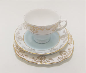 Vintage (1960’s) Pastel Blue, White & Gold Royal Vale Tea Trio – Pattern No. 7355