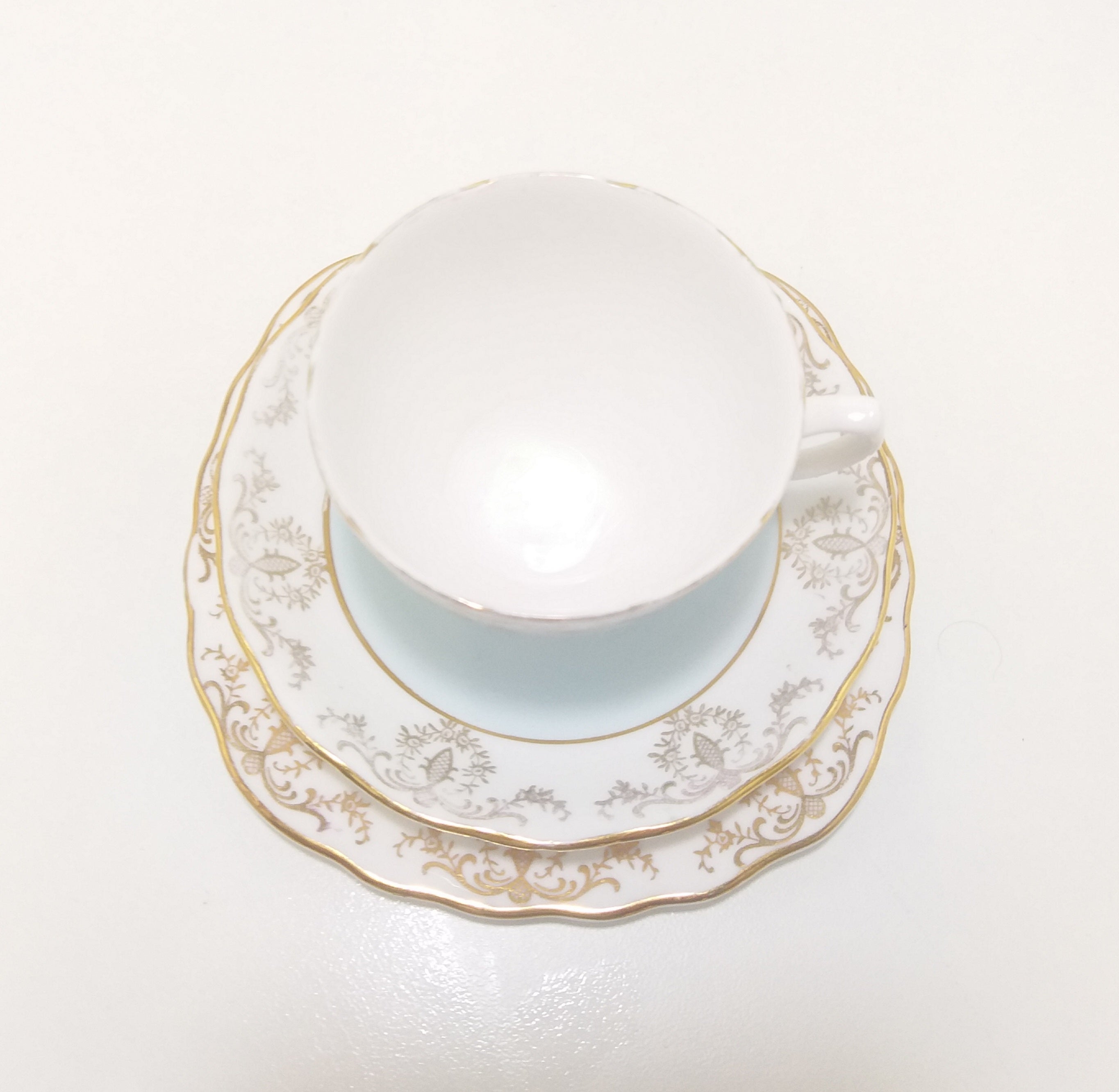 Vintage (1960’s) Pastel Blue, White & Gold Royal Vale Tea Trio – Pattern No. 7355