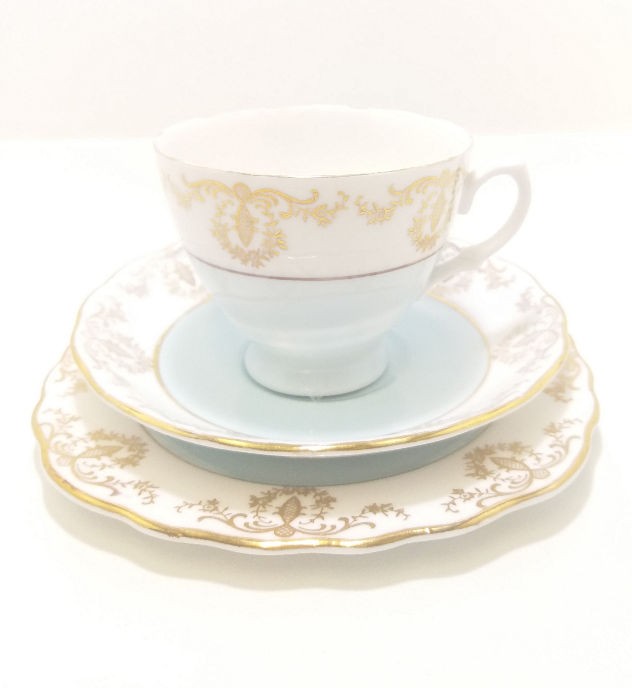 Vintage (1960’s) Pastel Blue, White & Gold Royal Vale Tea Trio – Pattern No. 7355