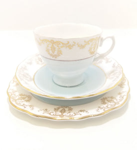 Vintage (1960’s) Pastel Blue, White & Gold Royal Vale Tea Trio – Pattern No. 7355