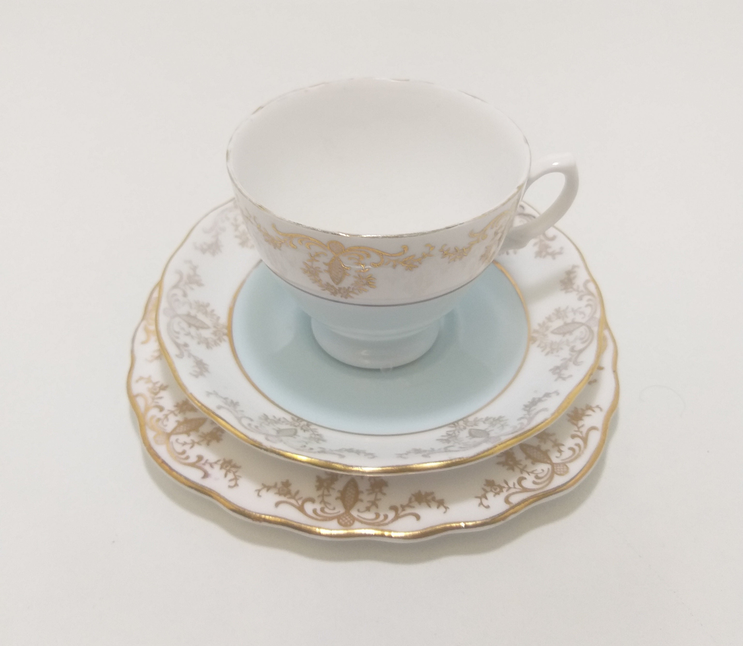 Vintage (1960’s) Pastel Blue, White & Gold Royal Vale Tea Trio – Pattern No. 7355
