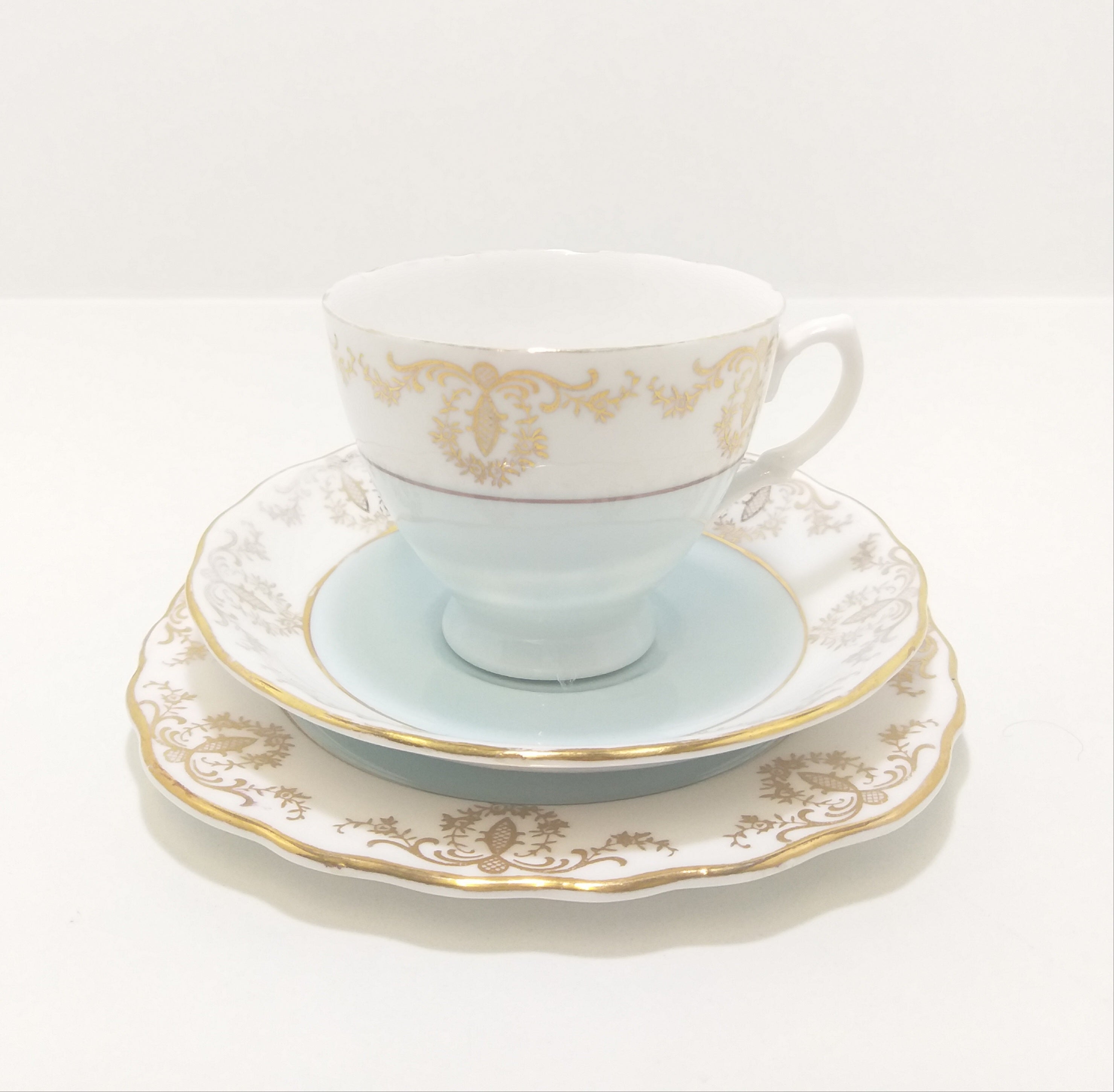 Vintage (1960’s) Pastel Blue, White & Gold Royal Vale Tea Trio – Pattern No. 7355