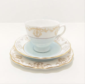 Vintage (1960’s) Pastel Blue, White & Gold Royal Vale Tea Trio – Pattern No. 7355