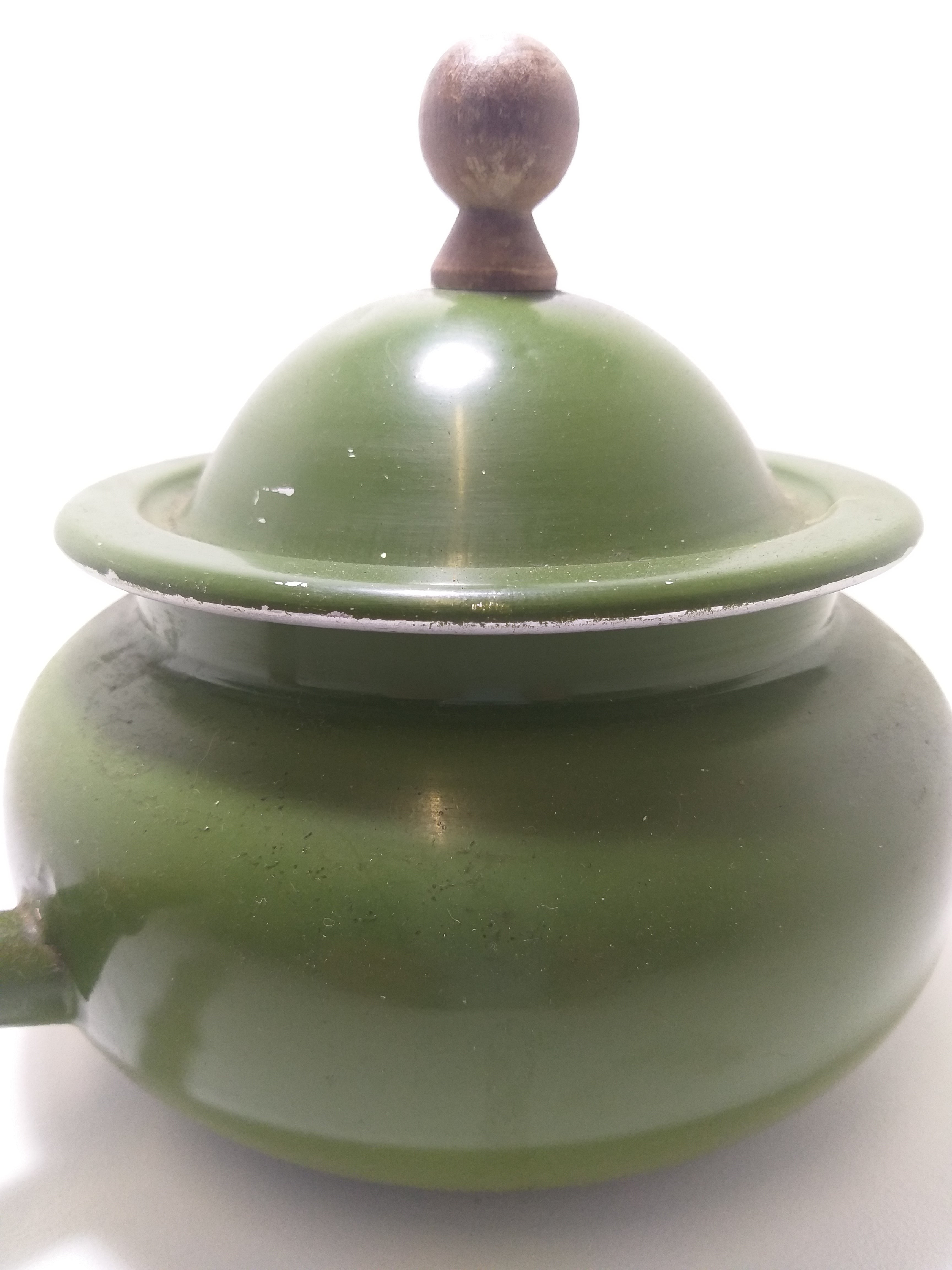 Vintage 1950-1960’s Olive Green Aluminium Fondue Pot With Wood Handle & Lid Finial