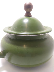 Vintage 1950-1960’s Olive Green Aluminium Fondue Pot With Wood Handle & Lid Finial