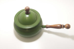 Vintage 1950-1960’s Olive Green Aluminium Fondue Pot With Wood Handle & Lid Finial