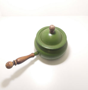 Vintage 1950-1960’s Olive Green Aluminium Fondue Pot With Wood Handle & Lid Finial