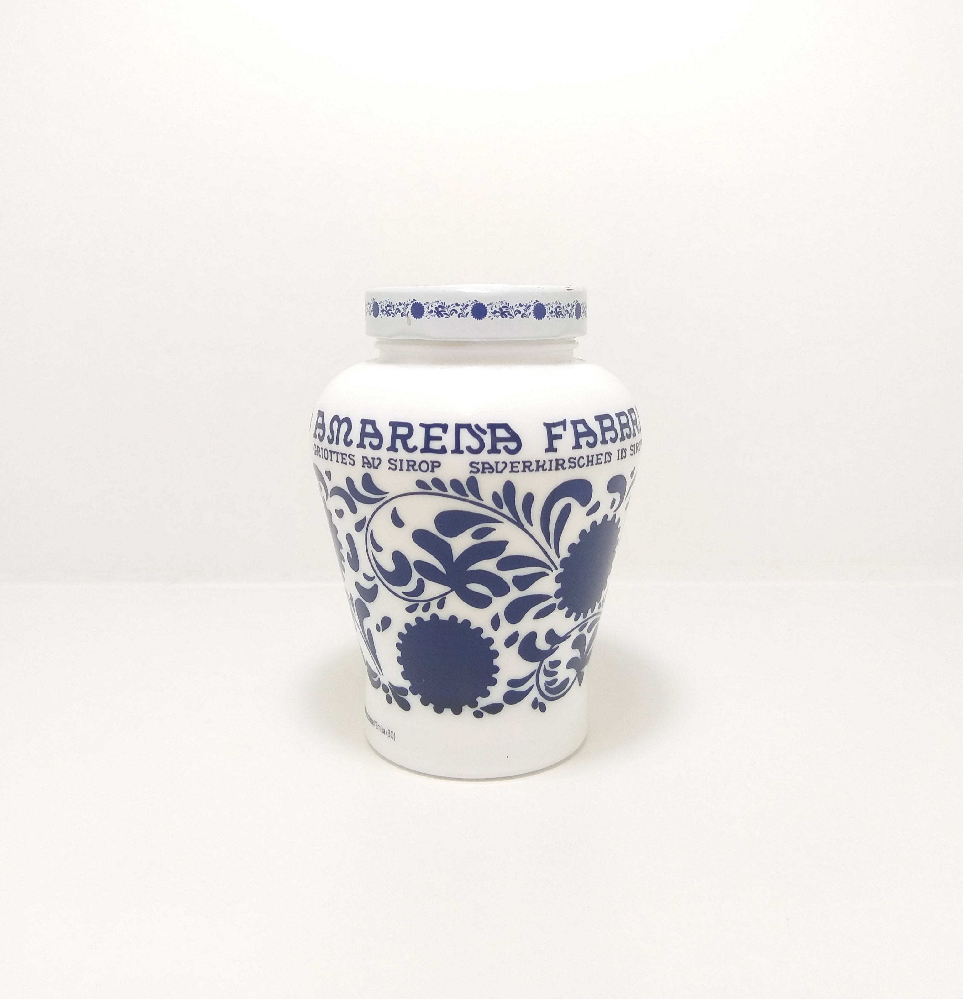 Amarena Fabbri Italian Vintage Collectable Faenza White & Blue Opaline / Milk Glass Jar