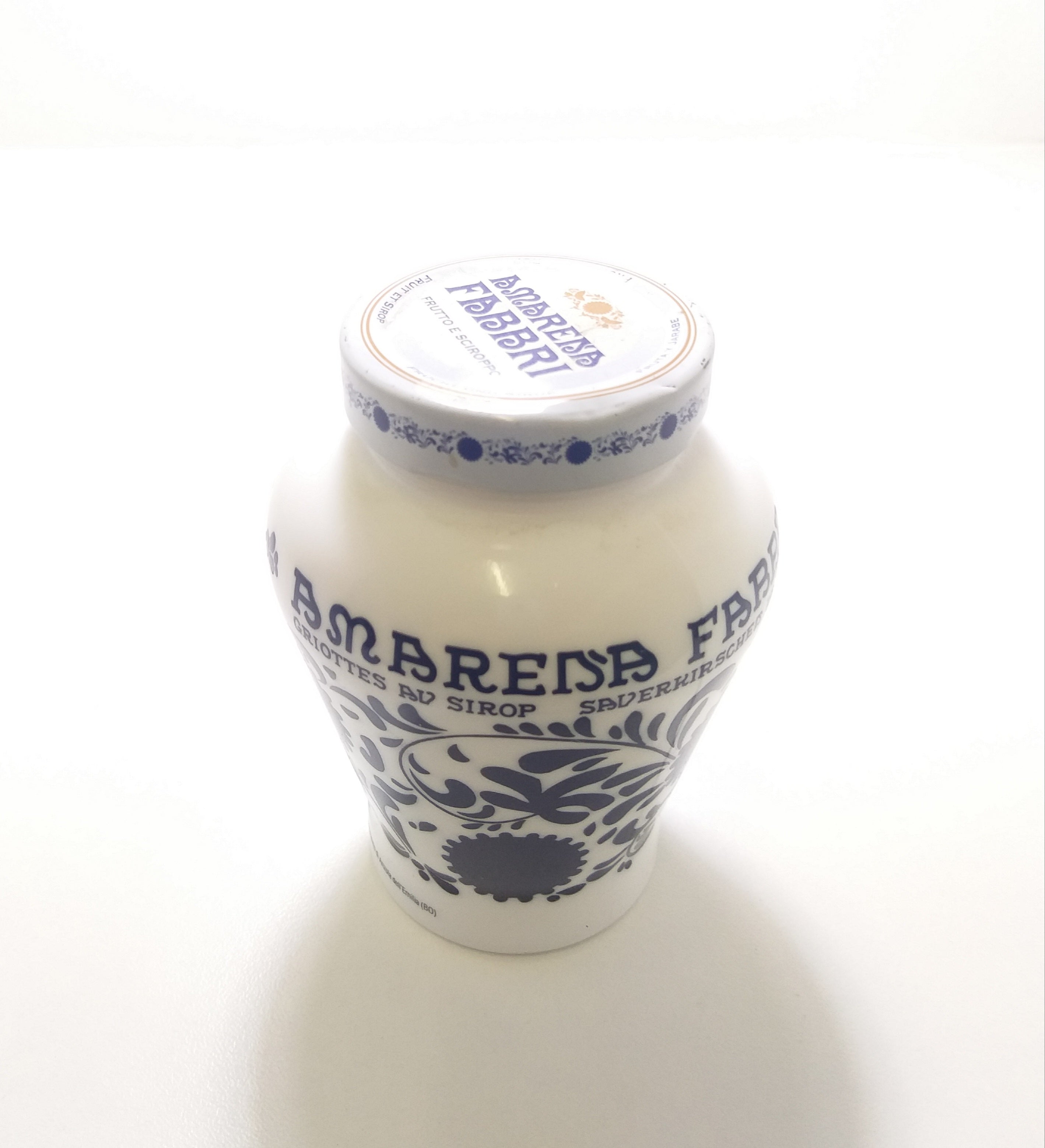 Amarena Fabbri Italian Vintage Collectable Faenza White & Blue Opaline / Milk Glass Jar