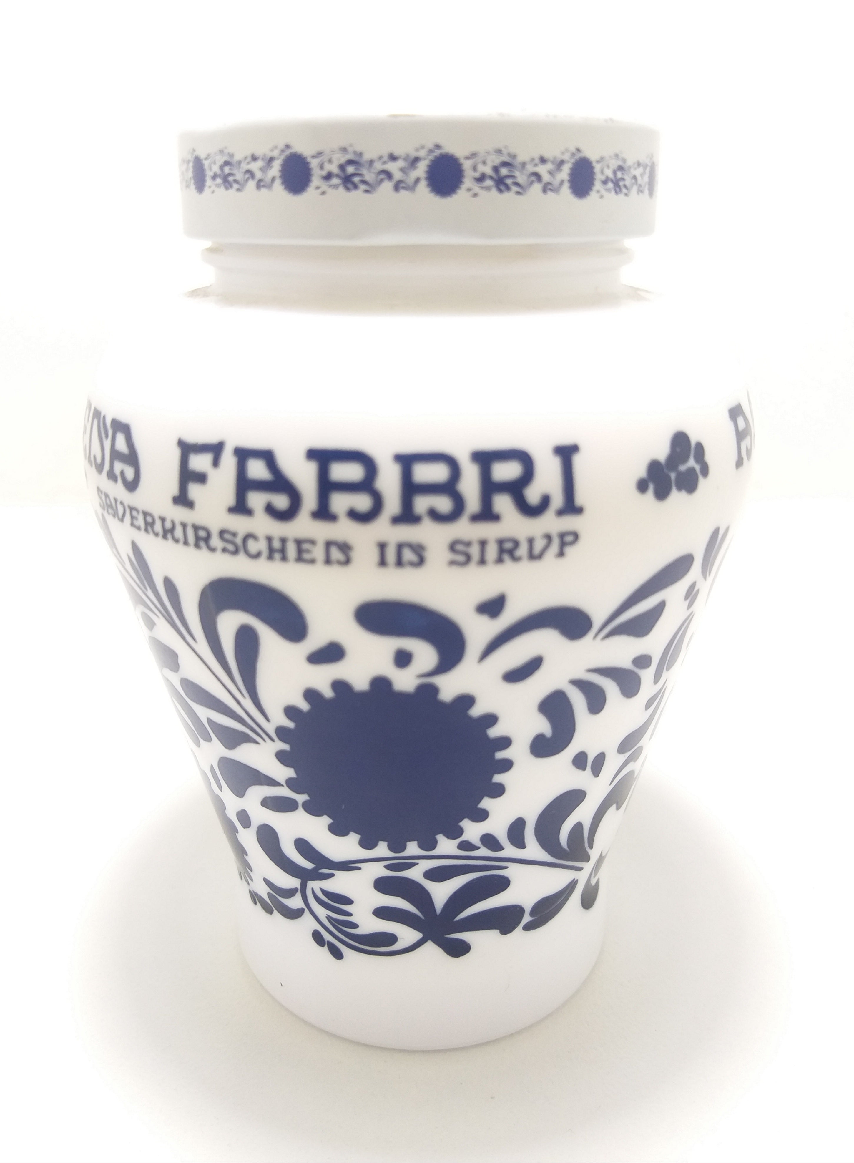 Amarena Fabbri Italian Vintage Collectable Faenza White & Blue Opaline / Milk Glass Jar