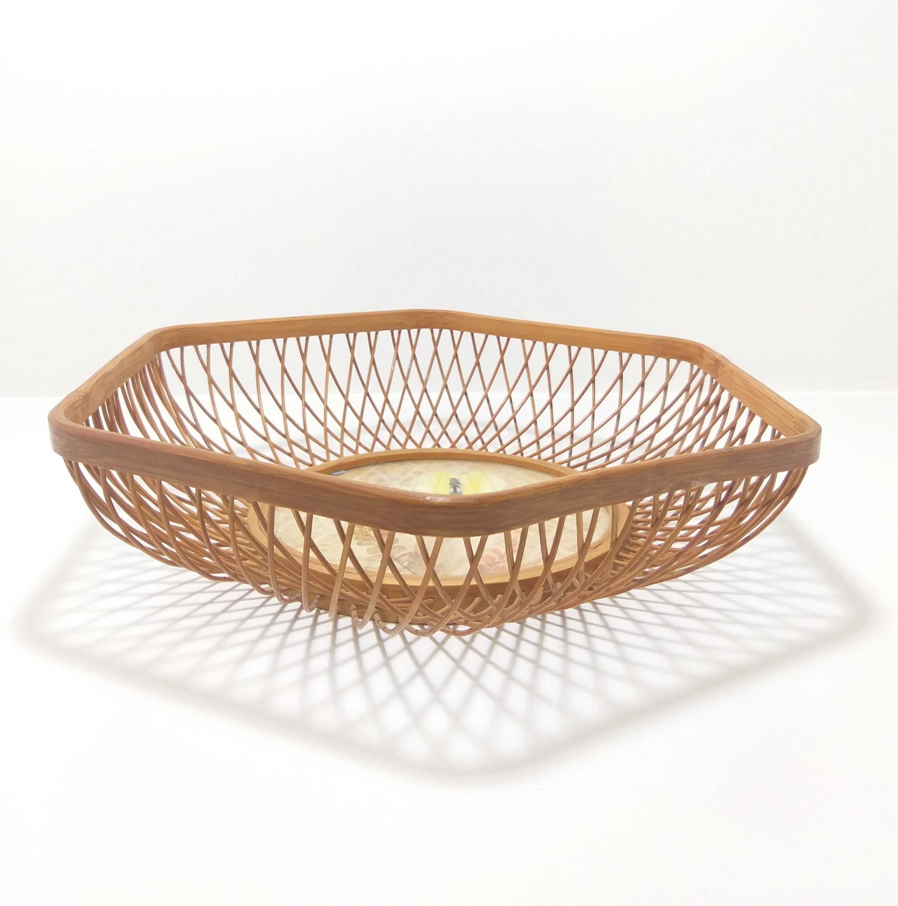 Vintage Wood Framed Display Basket With Bamboo & Textile Well Inset