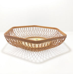 Vintage Wood Framed Display Basket With Bamboo & Textile Well Inset