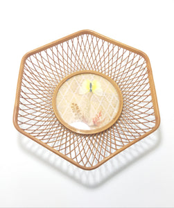 Vintage Wood Framed Display Basket With Bamboo & Textile Well Inset