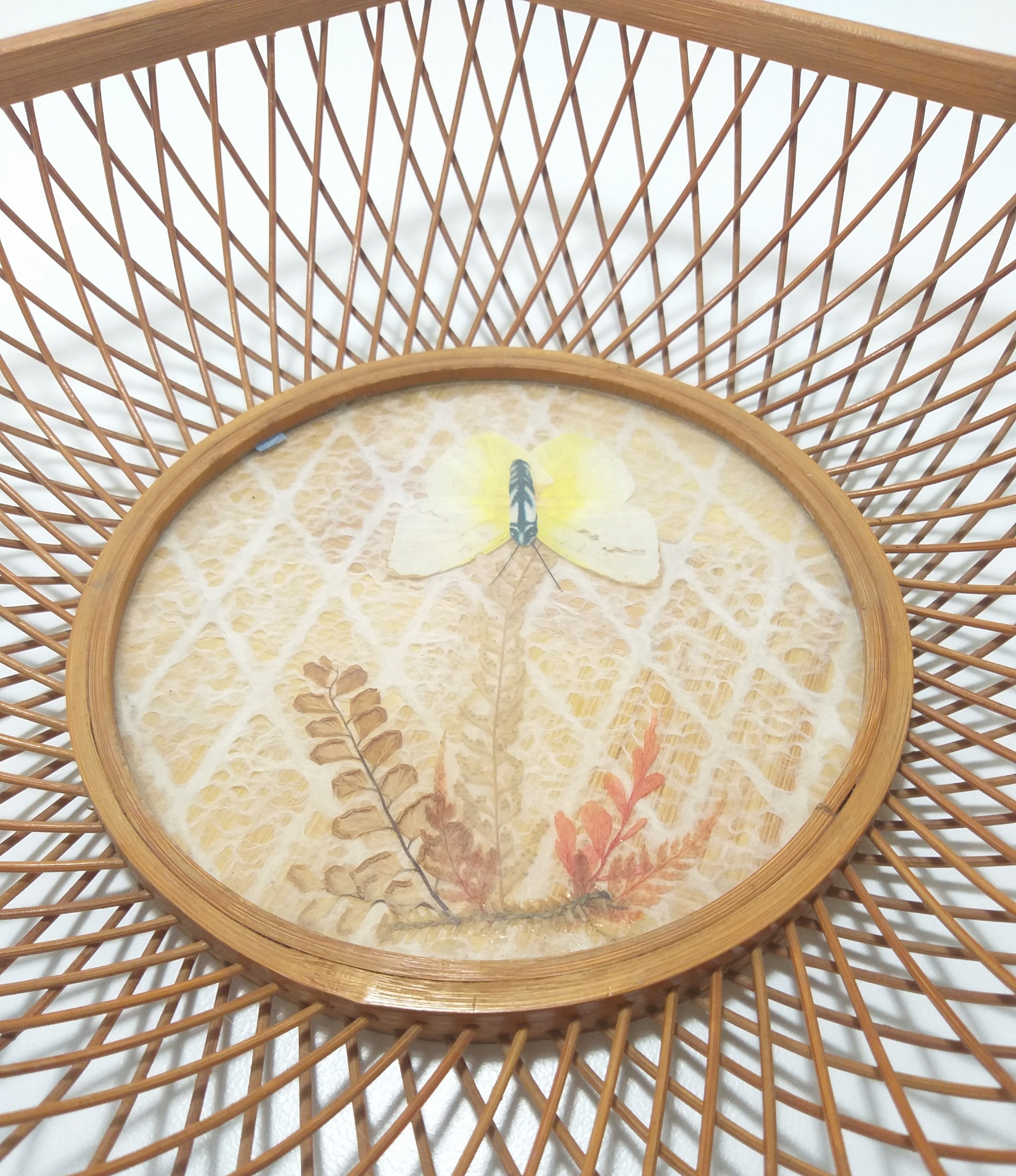 Vintage Wood Framed Display Basket With Bamboo & Textile Well Inset