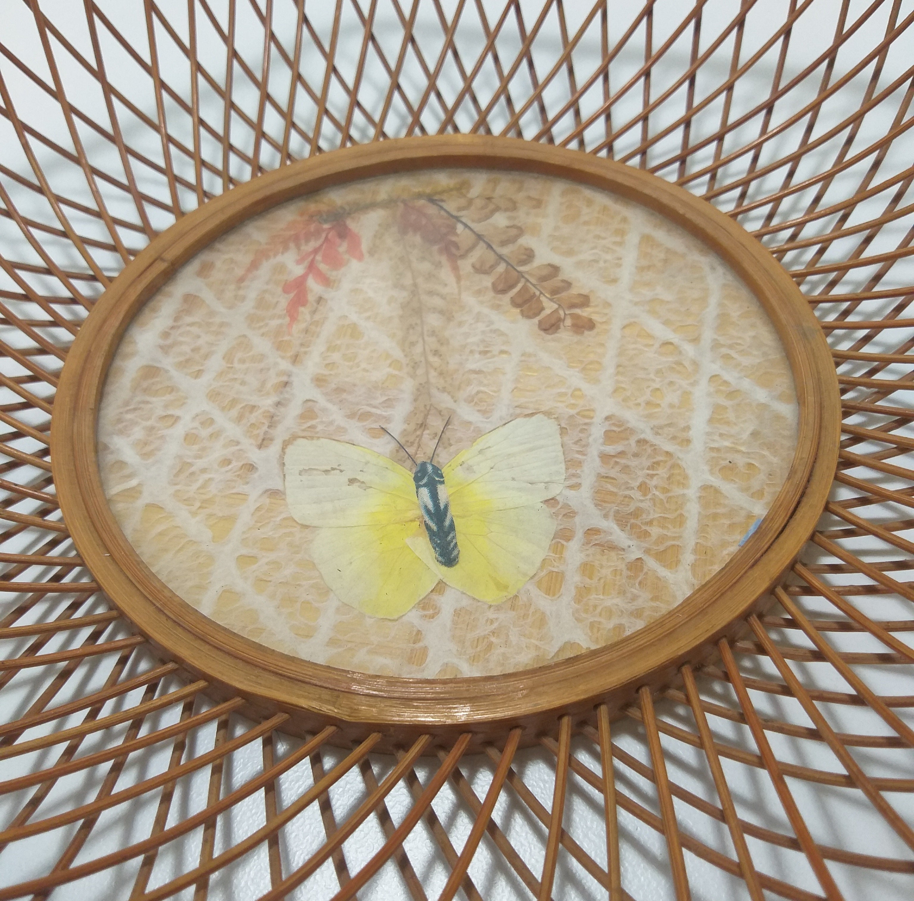 Vintage Wood Framed Display Basket With Bamboo & Textile Well Inset