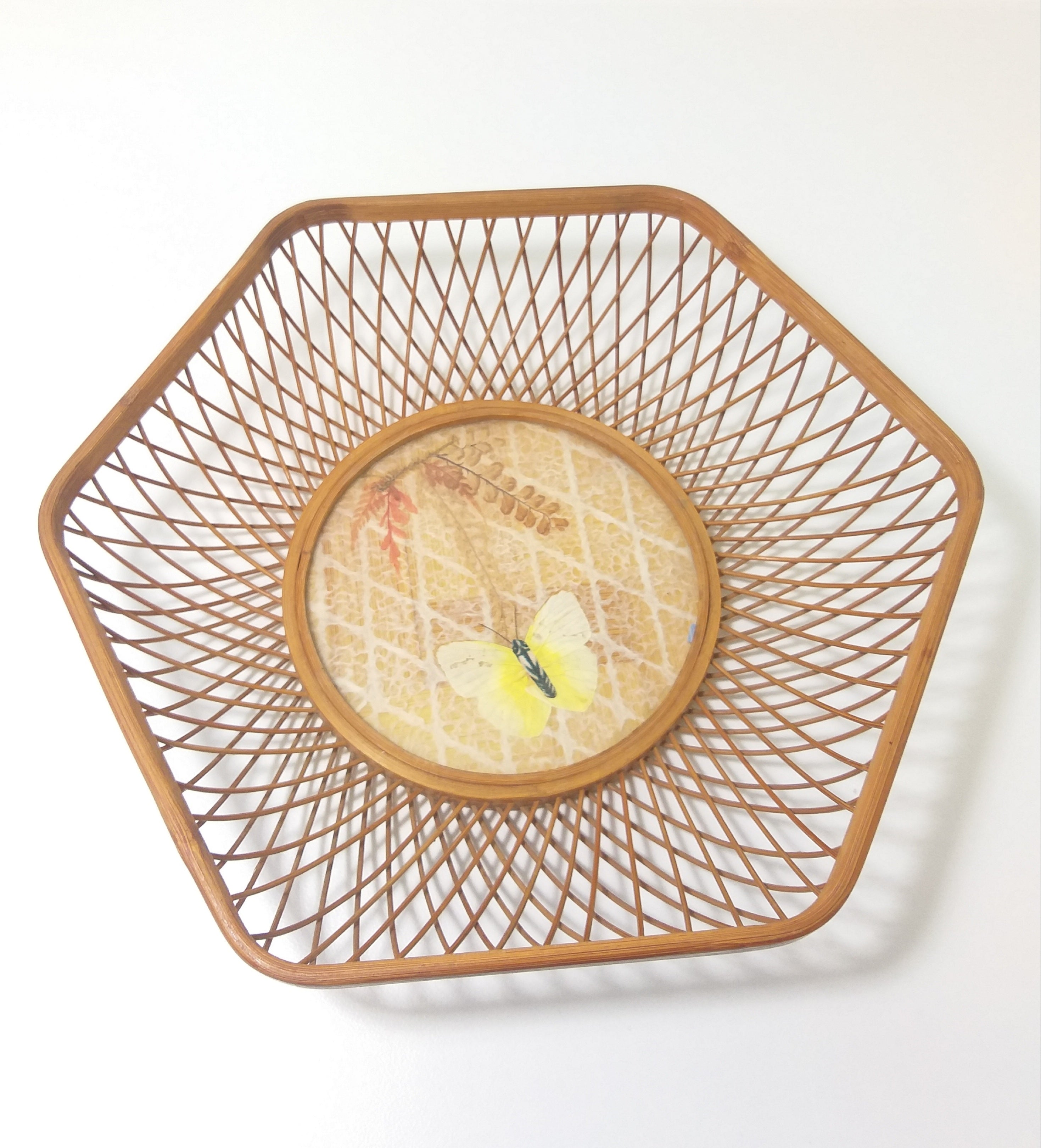 Vintage Wood Framed Display Basket With Bamboo & Textile Well Inset