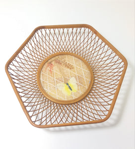 Vintage Wood Framed Display Basket With Bamboo & Textile Well Inset