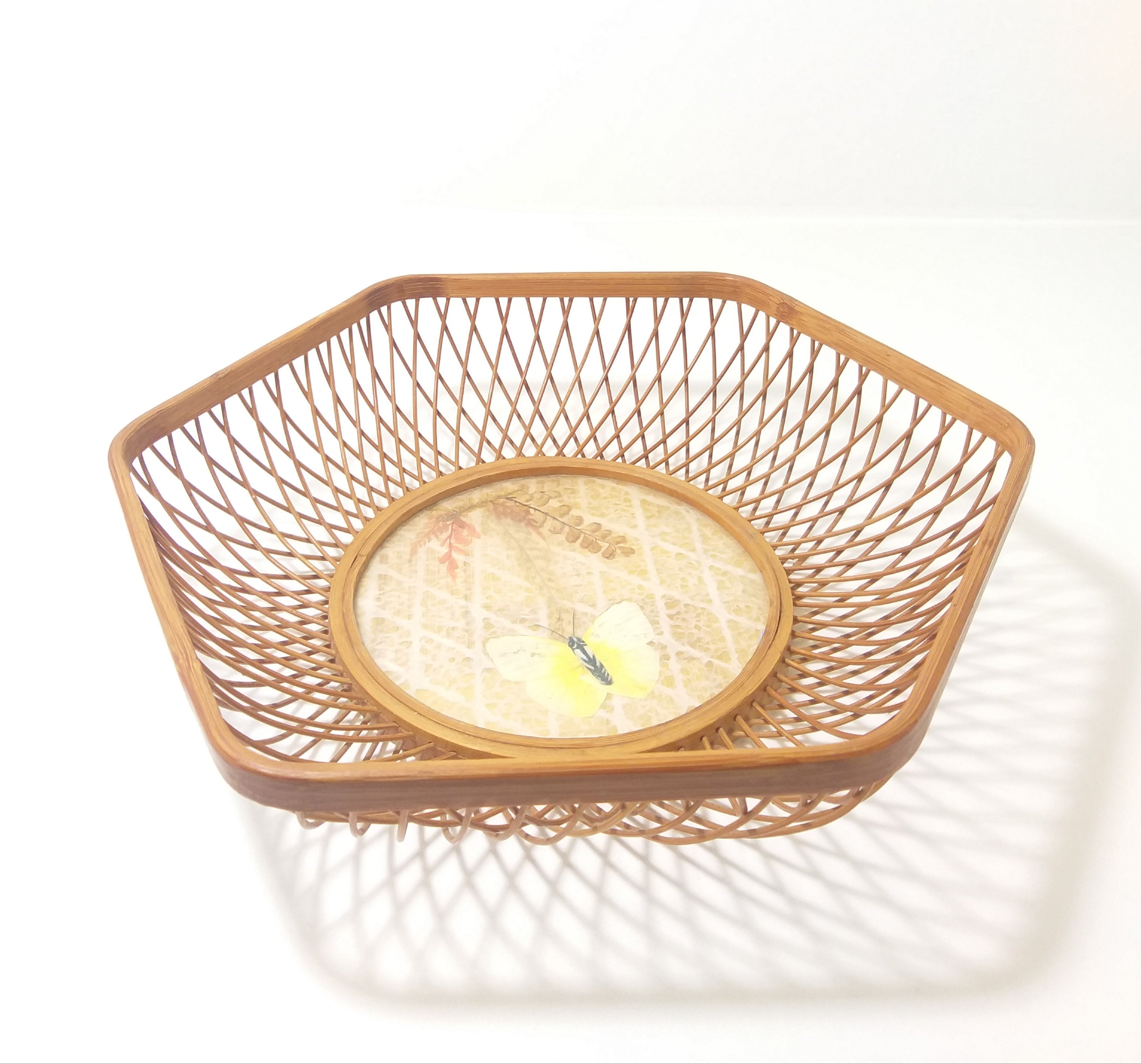 Vintage Wood Framed Display Basket With Bamboo & Textile Well Inset