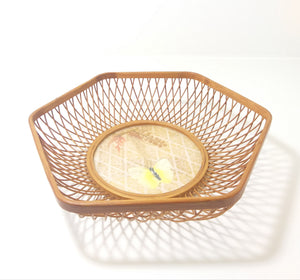 Vintage Wood Framed Display Basket With Bamboo & Textile Well Inset