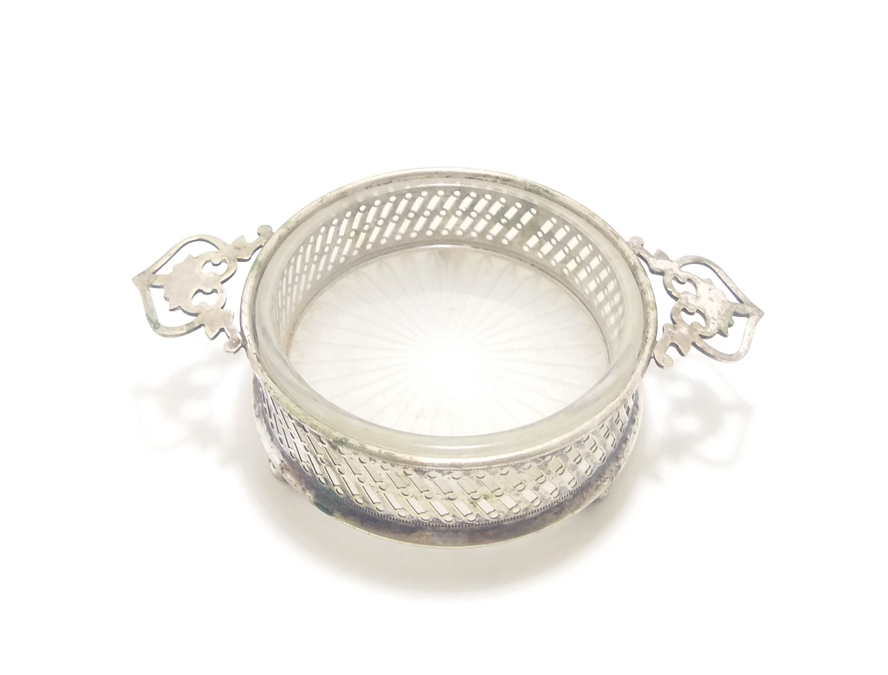 Small Rare & Antique (Late 1800’s) Davis & Sons, Glasgow Silver Plated Pierced Dish With Removable Glass Liner