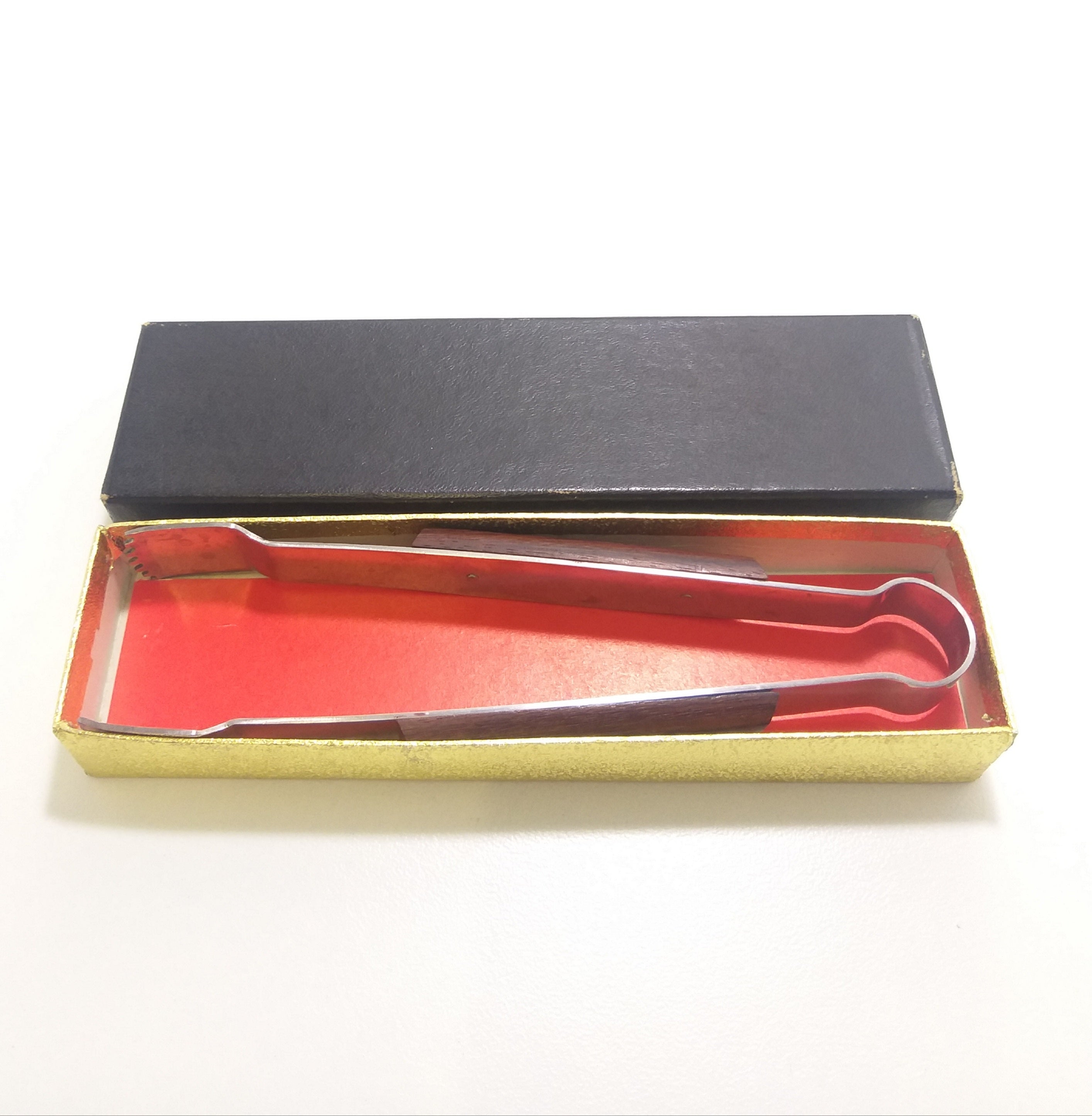 Vintage Stainless Steel Ice Tong With Wood Handle Inserts & Boxed