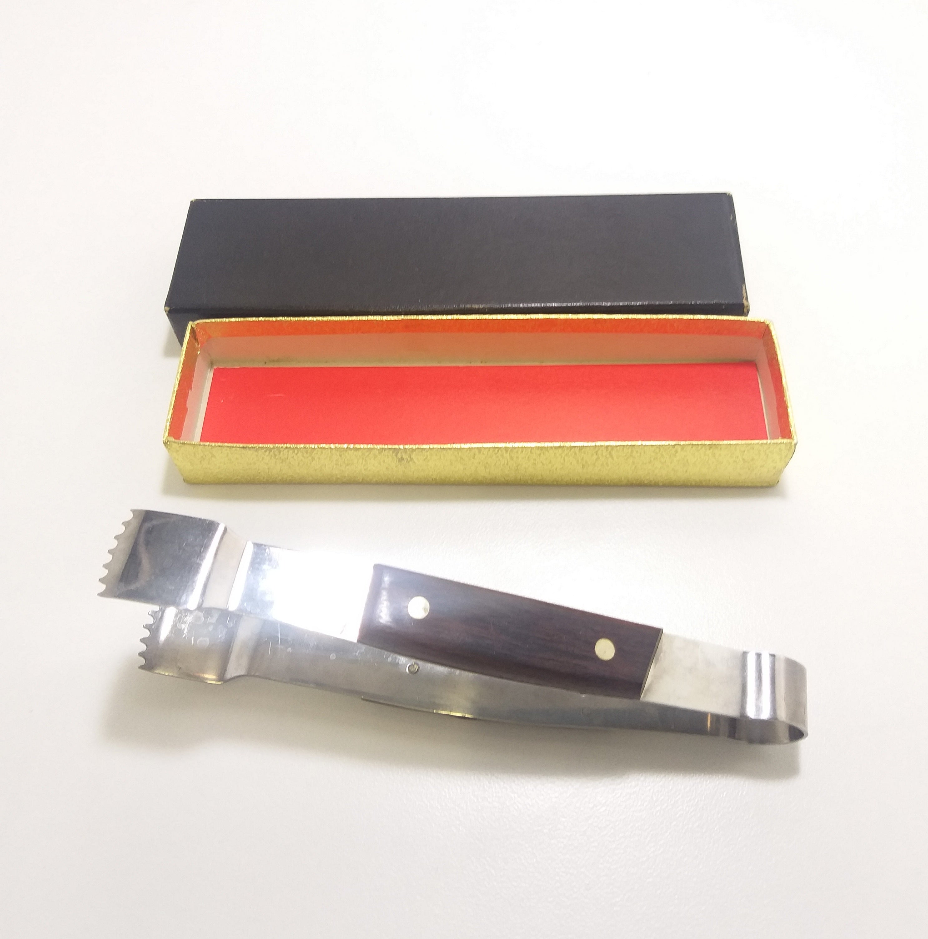 Vintage Stainless Steel Ice Tong With Wood Handle Inserts & Boxed