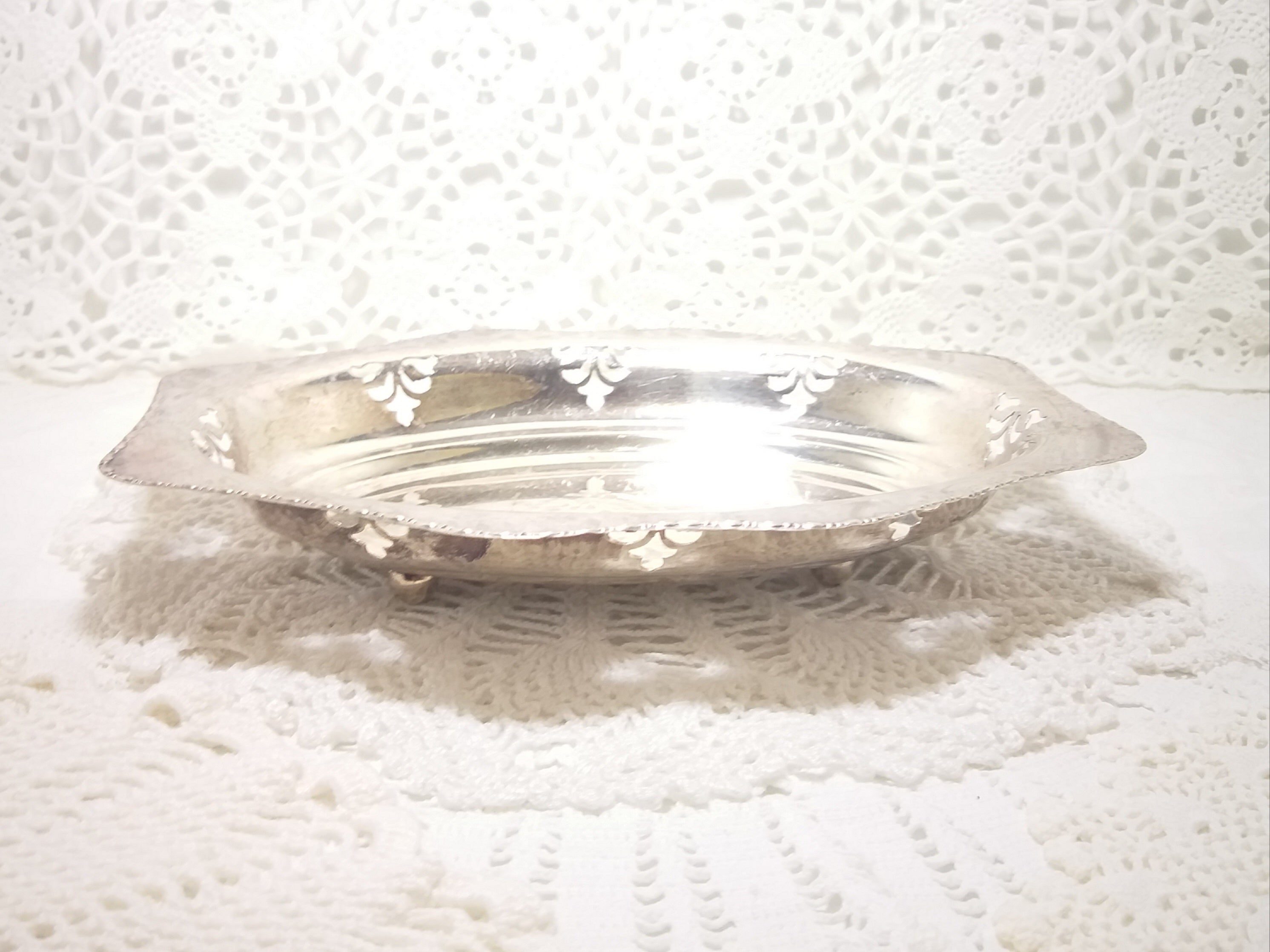 Vintage Emess Silver Plated & Oval Shaped Pierced Dish With Ball Feet