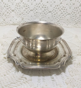 Large Vintage Open Silver Plated Sugar Bowl / Sauce Bowl With Attached Tray