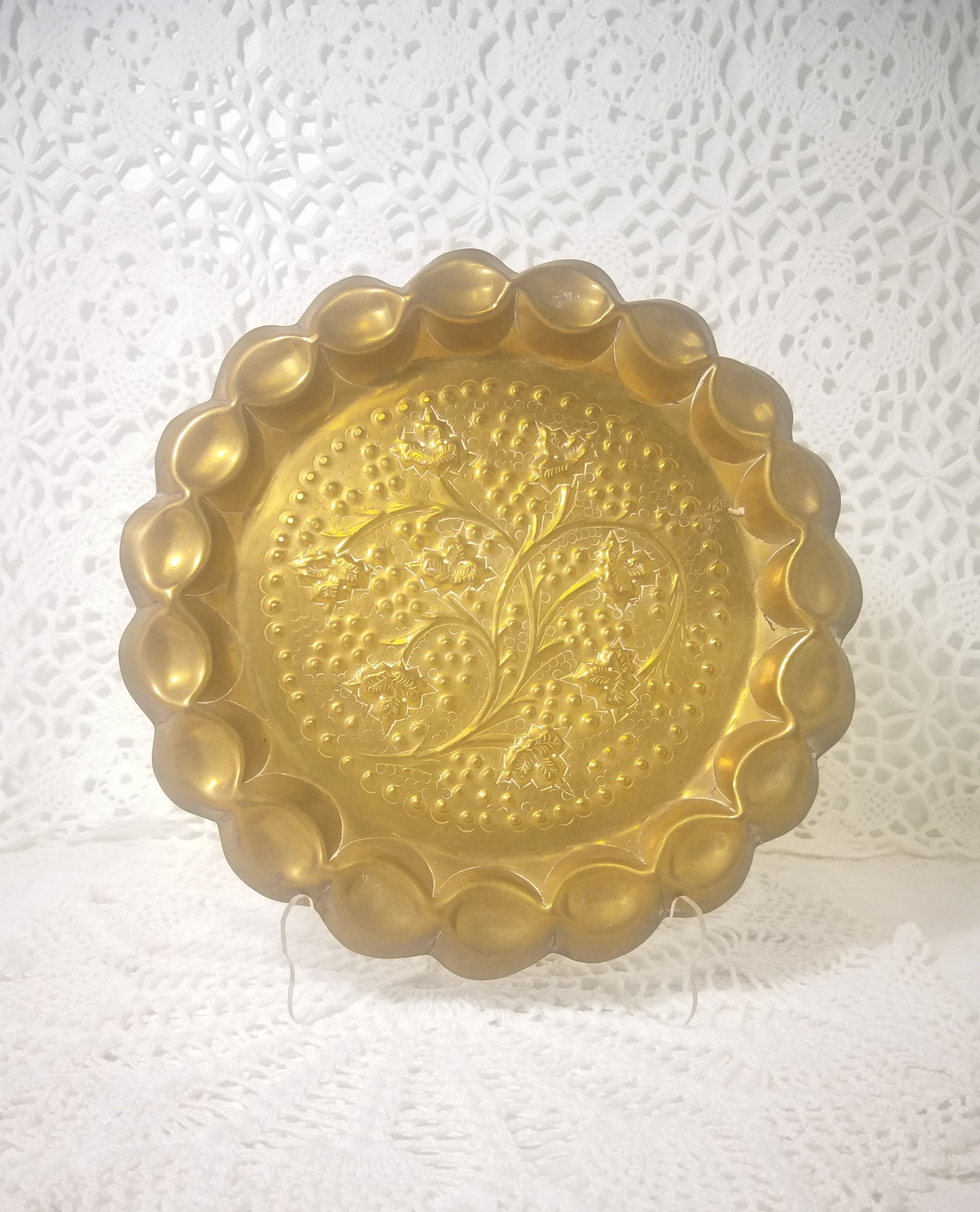 Vintage Brass Decorative Wall Plate With Berries & Vine Leaf Motifs