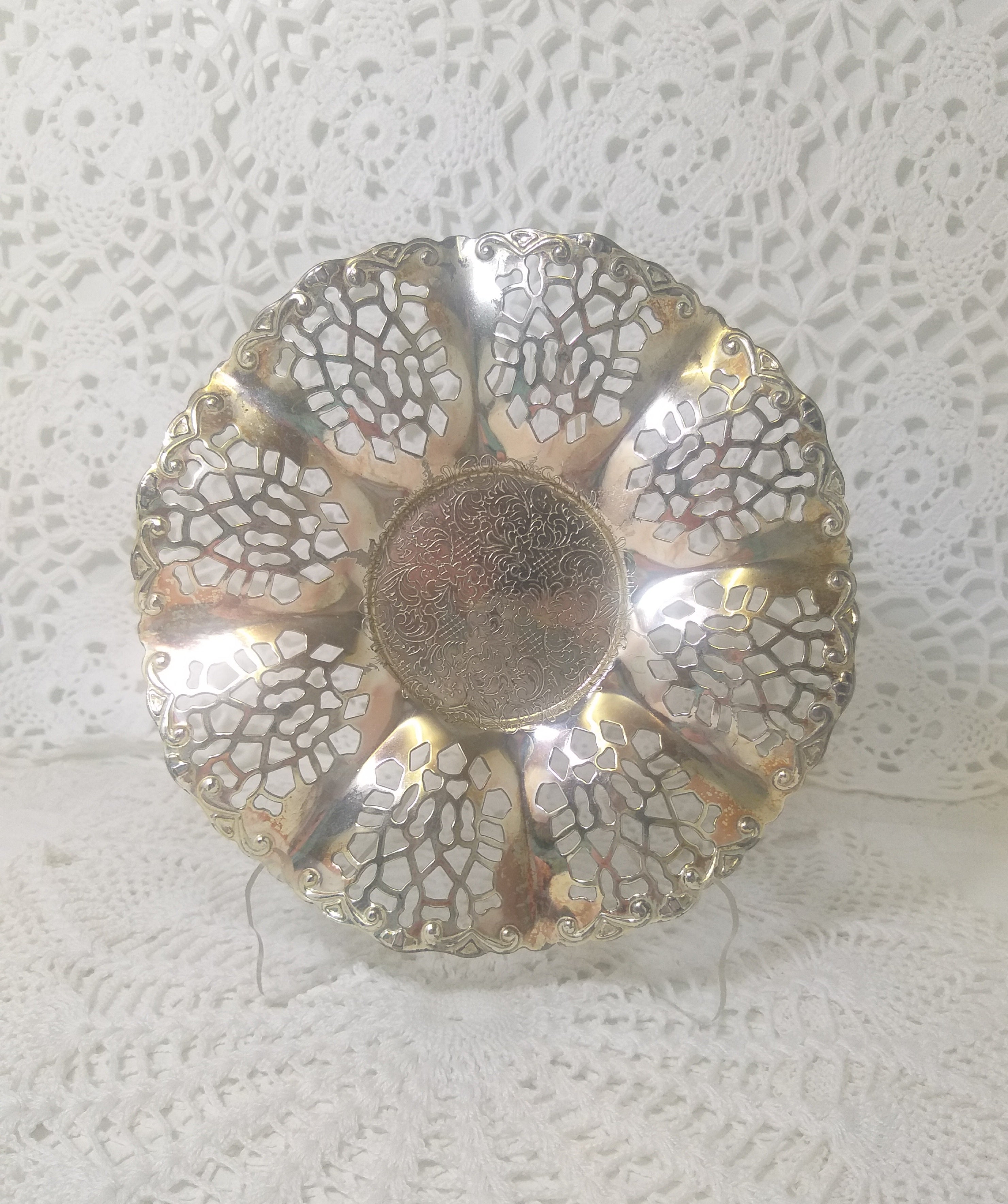 Vintage Pierced Metal Silver Plated Sweets / Bonbon Dish