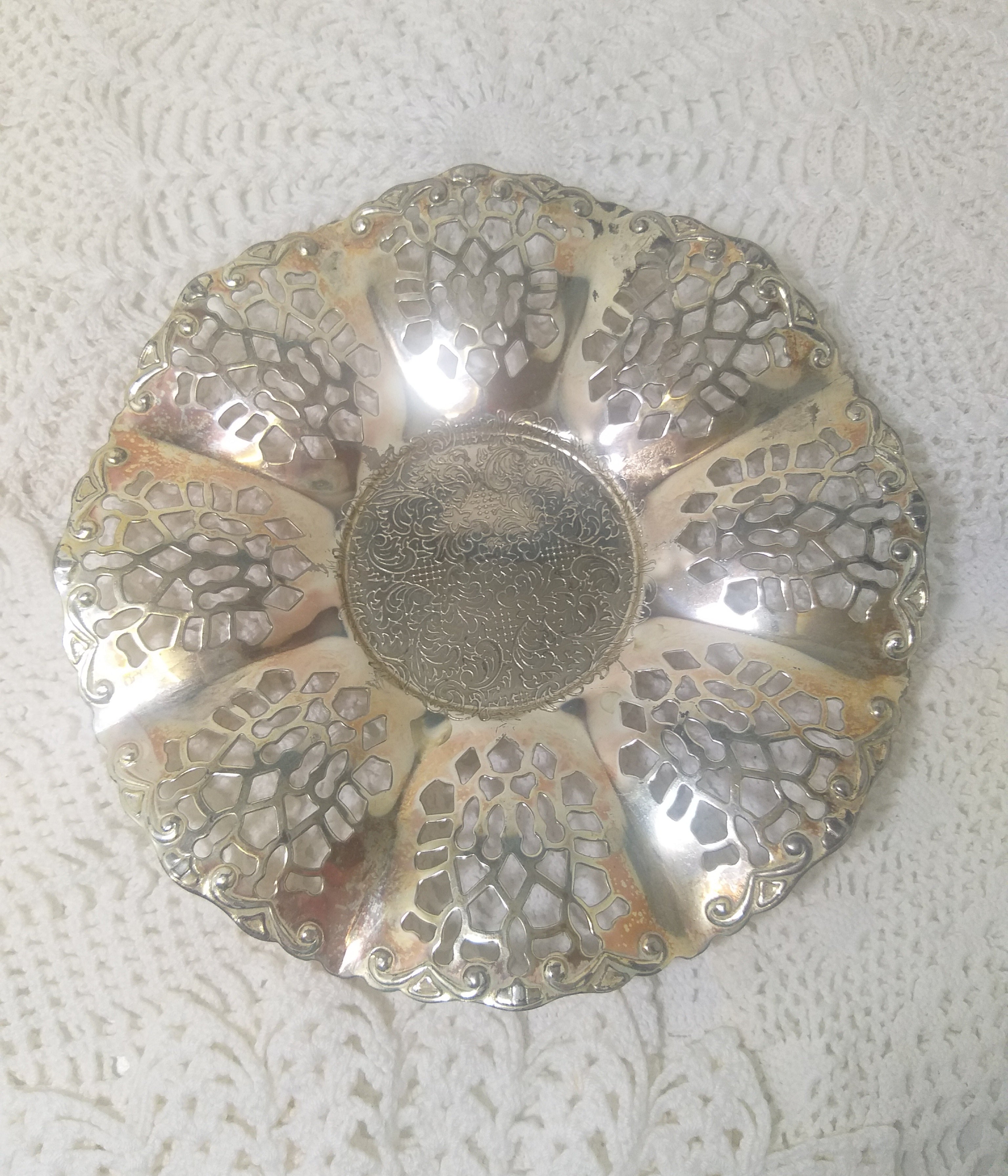 Vintage Pierced Metal Silver Plated Sweets / Bonbon Dish