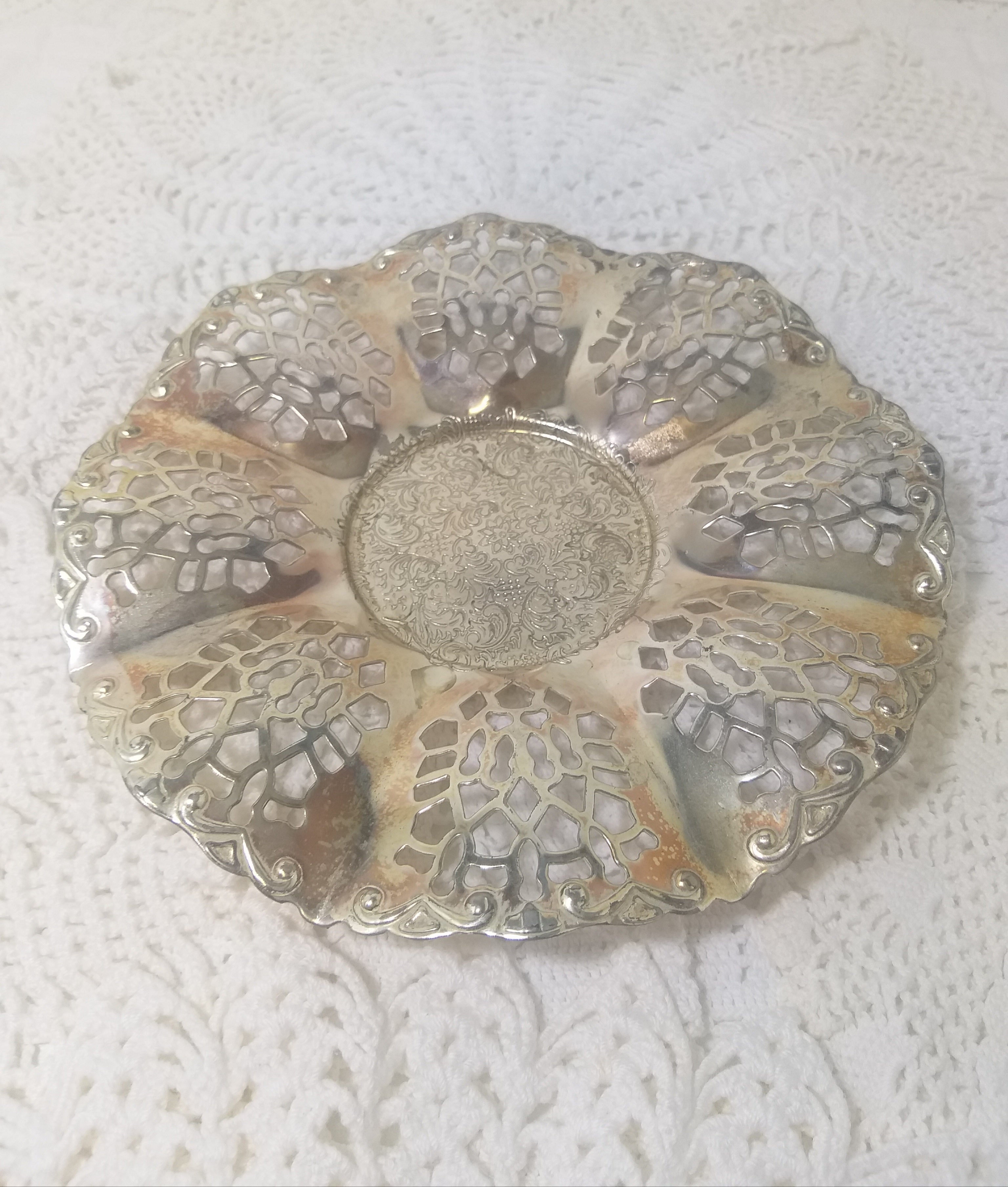 Vintage Pierced Metal Silver Plated Sweets / Bonbon Dish