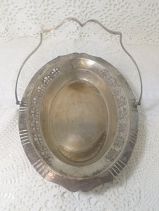 Vintage Silver Plated Yeoman Pierced Metal Display Basket With Swing Handle