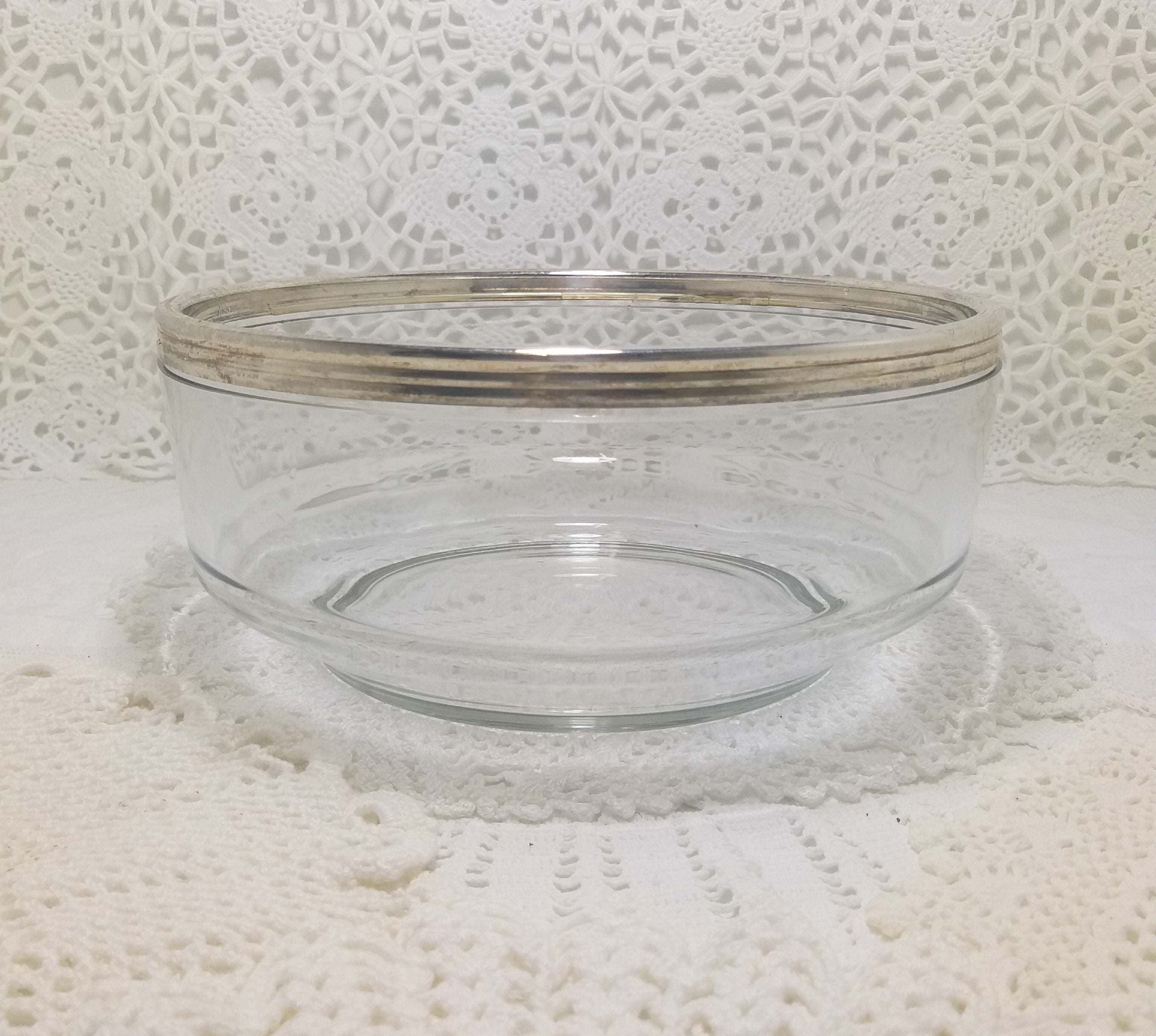 Clear Glass Italian Bormioli Rocco Salad Bowl With Silver Plated Rim Collar
