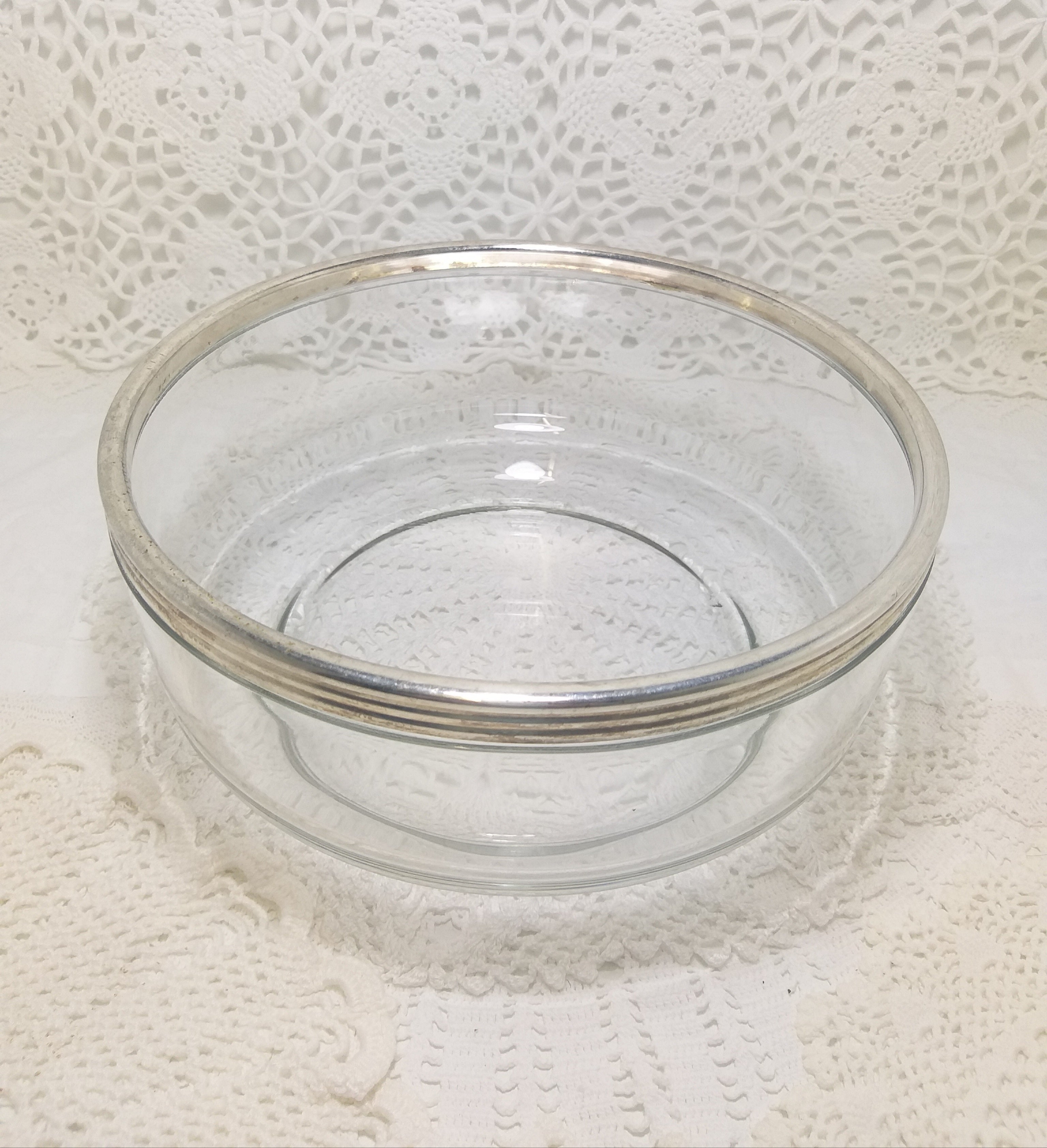 Clear Glass Italian Bormioli Rocco Salad Bowl With Silver Plated Rim Collar