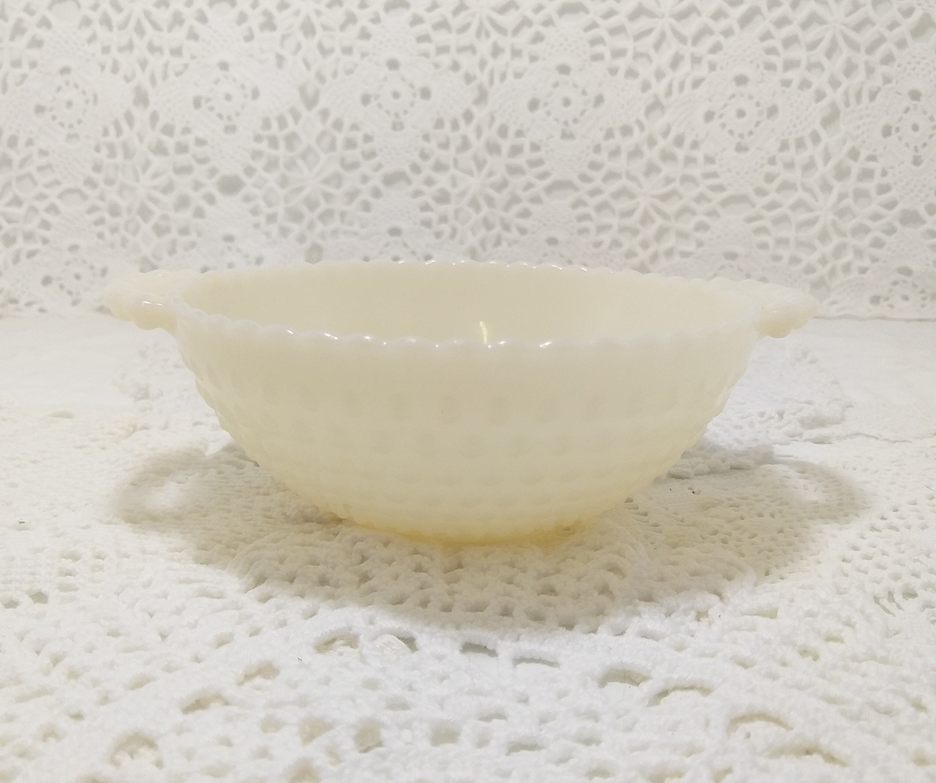Beautiful Vintage Hobnail Design Milk Glass Bowl With Handles