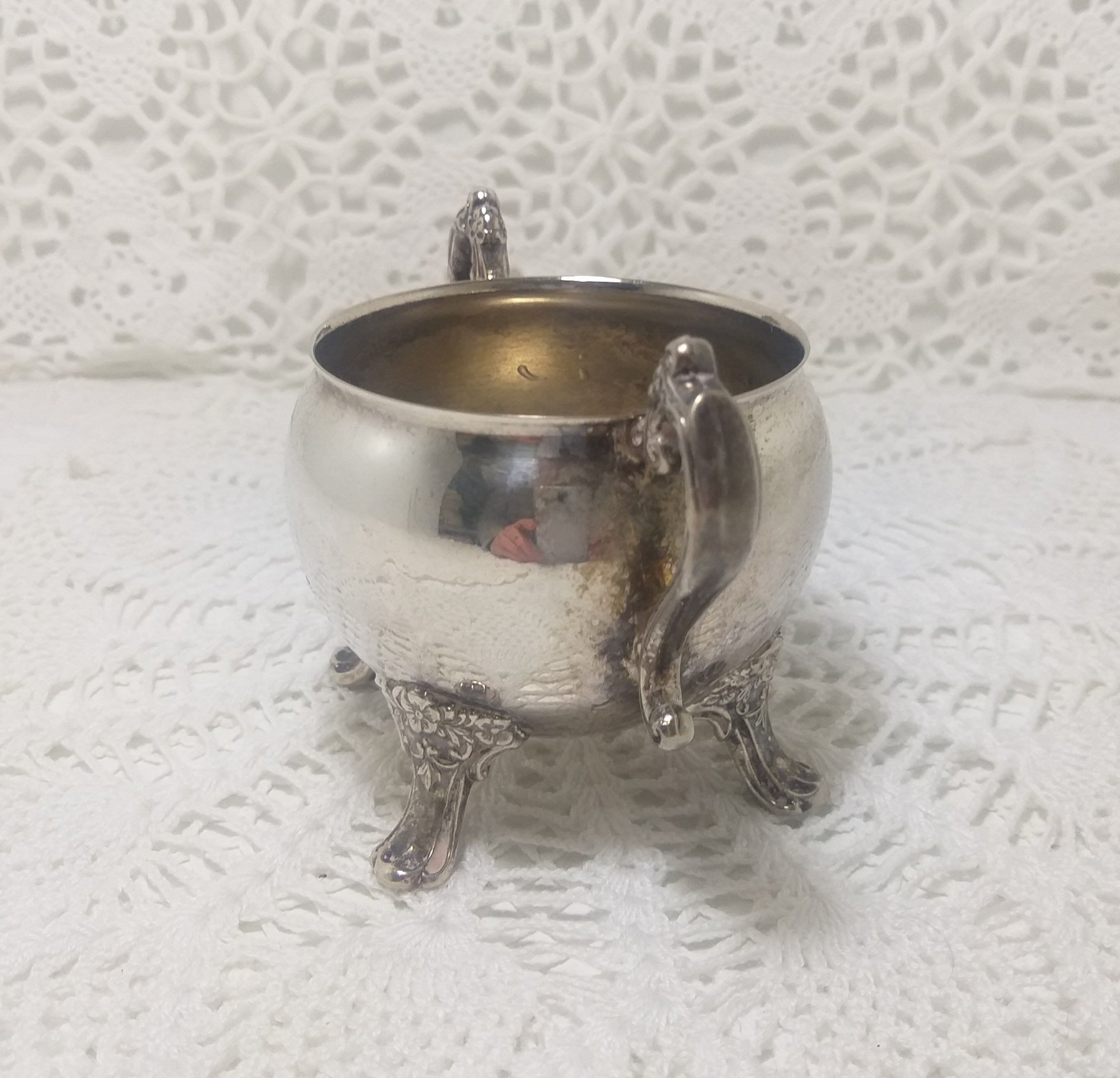 Open Vintage Silver Plated Sugar Bowl With Twin Handles