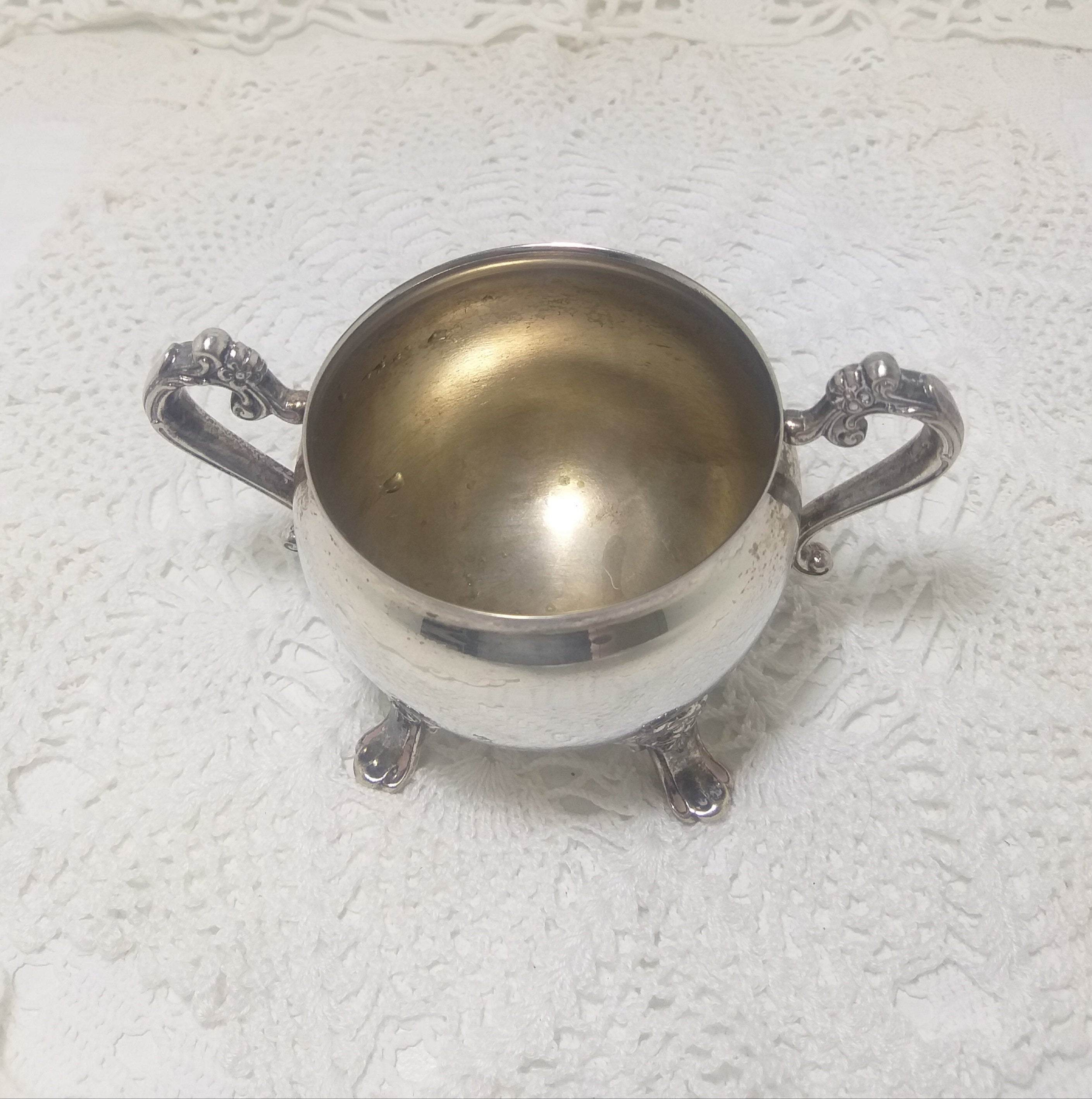 Open Vintage Silver Plated Sugar Bowl With Twin Handles